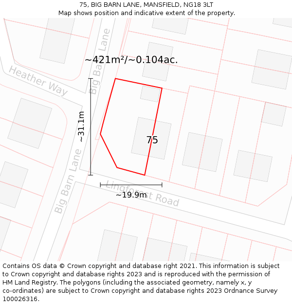 75, BIG BARN LANE, MANSFIELD, NG18 3LT: Plot and title map