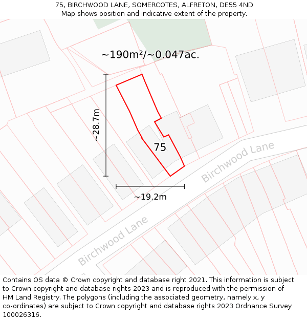75, BIRCHWOOD LANE, SOMERCOTES, ALFRETON, DE55 4ND: Plot and title map