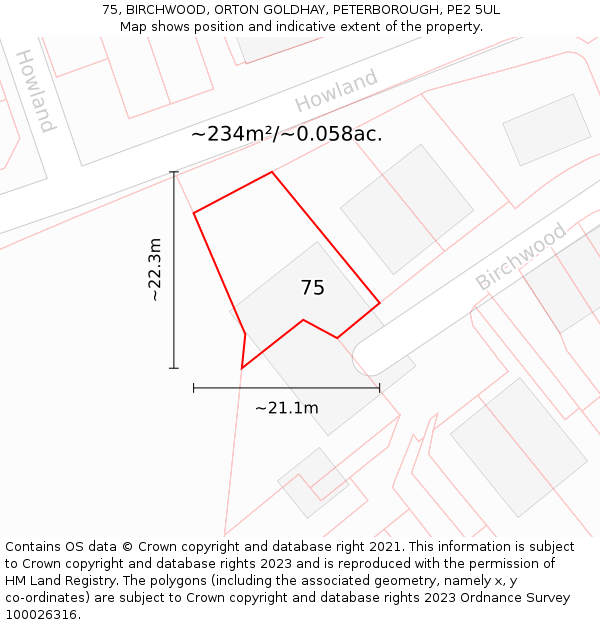 75, BIRCHWOOD, ORTON GOLDHAY, PETERBOROUGH, PE2 5UL: Plot and title map