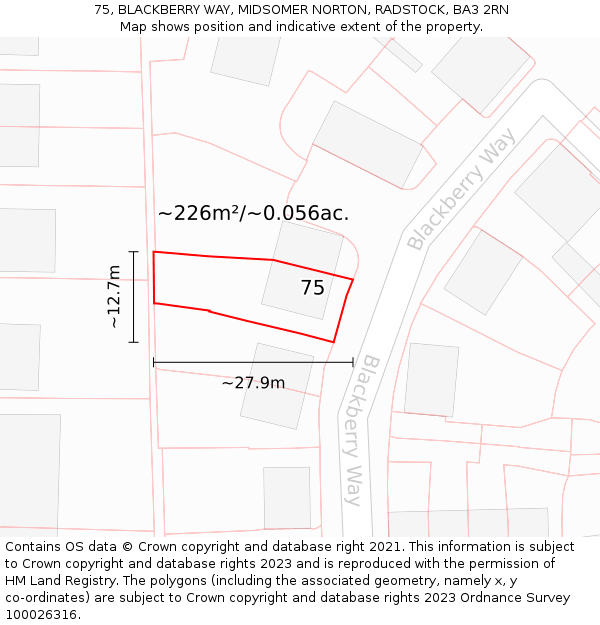 75, BLACKBERRY WAY, MIDSOMER NORTON, RADSTOCK, BA3 2RN: Plot and title map