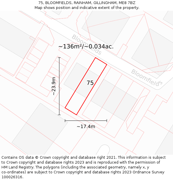 75, BLOOMFIELDS, RAINHAM, GILLINGHAM, ME8 7BZ: Plot and title map
