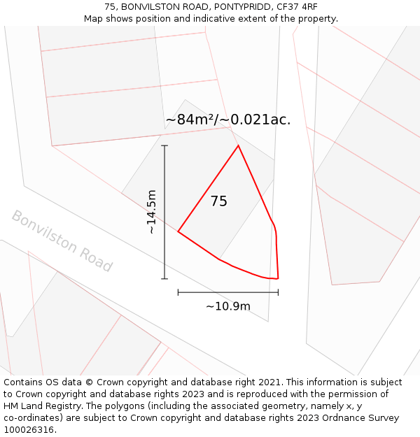 75, BONVILSTON ROAD, PONTYPRIDD, CF37 4RF: Plot and title map