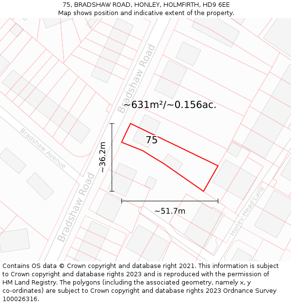 75, BRADSHAW ROAD, HONLEY, HOLMFIRTH, HD9 6EE: Plot and title map