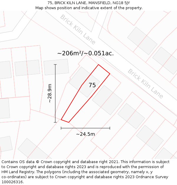 75, BRICK KILN LANE, MANSFIELD, NG18 5JY: Plot and title map