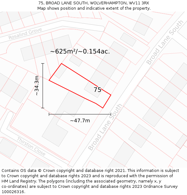 75, BROAD LANE SOUTH, WOLVERHAMPTON, WV11 3RX: Plot and title map