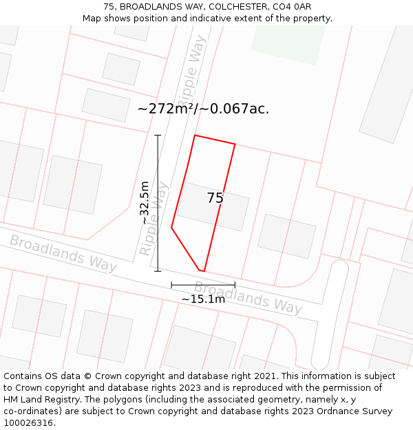 75, BROADLANDS WAY, COLCHESTER, CO4 0AR: Plot and title map