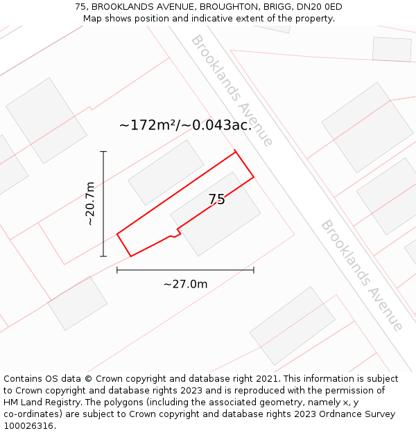 75, BROOKLANDS AVENUE, BROUGHTON, BRIGG, DN20 0ED: Plot and title map