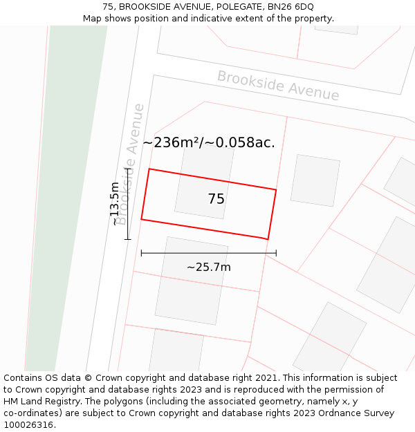 75, BROOKSIDE AVENUE, POLEGATE, BN26 6DQ: Plot and title map