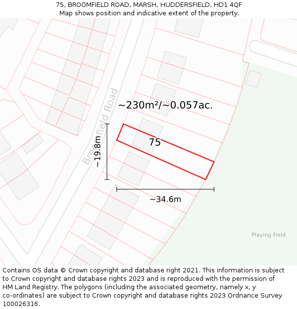 75, BROOMFIELD ROAD, MARSH, HUDDERSFIELD, HD1 4QF: Plot and title map
