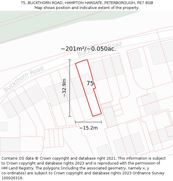 75, BUCKTHORN ROAD, HAMPTON HARGATE, PETERBOROUGH, PE7 8GB: Plot and title map