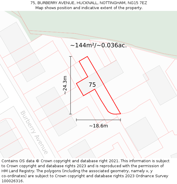 75, BURBERRY AVENUE, HUCKNALL, NOTTINGHAM, NG15 7EZ: Plot and title map