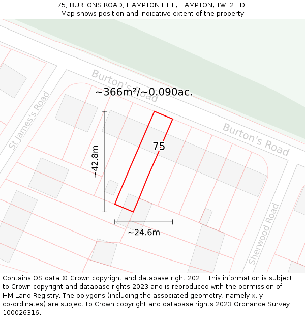 75, BURTONS ROAD, HAMPTON HILL, HAMPTON, TW12 1DE: Plot and title map