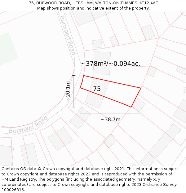 75, BURWOOD ROAD, HERSHAM, WALTON-ON-THAMES, KT12 4AE: Plot and title map