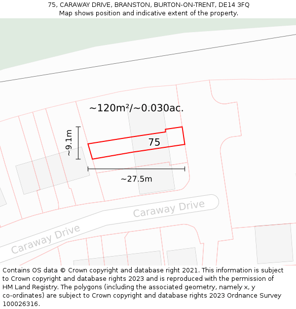 75, CARAWAY DRIVE, BRANSTON, BURTON-ON-TRENT, DE14 3FQ: Plot and title map