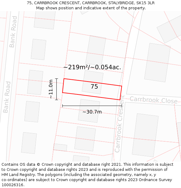 75, CARRBROOK CRESCENT, CARRBROOK, STALYBRIDGE, SK15 3LR: Plot and title map