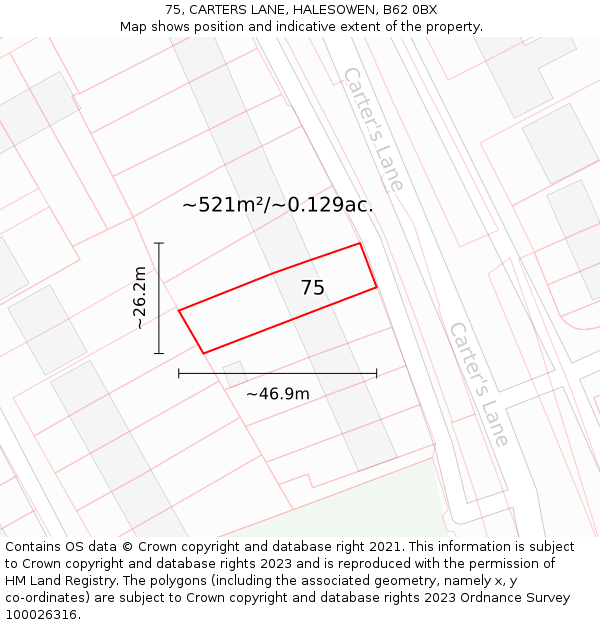 75, CARTERS LANE, HALESOWEN, B62 0BX: Plot and title map