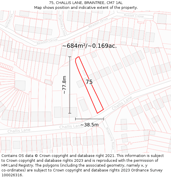 75, CHALLIS LANE, BRAINTREE, CM7 1AL: Plot and title map