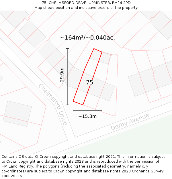 75, CHELMSFORD DRIVE, UPMINSTER, RM14 2PD: Plot and title map