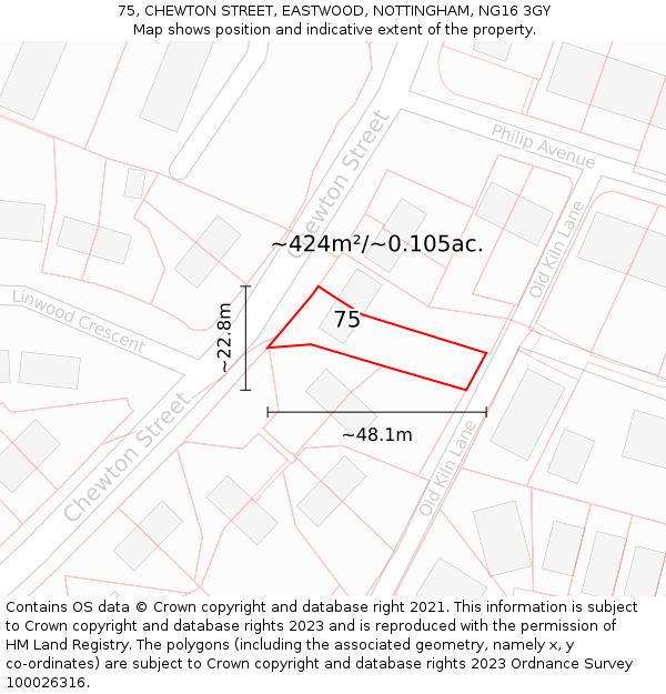 75, CHEWTON STREET, EASTWOOD, NOTTINGHAM, NG16 3GY: Plot and title map