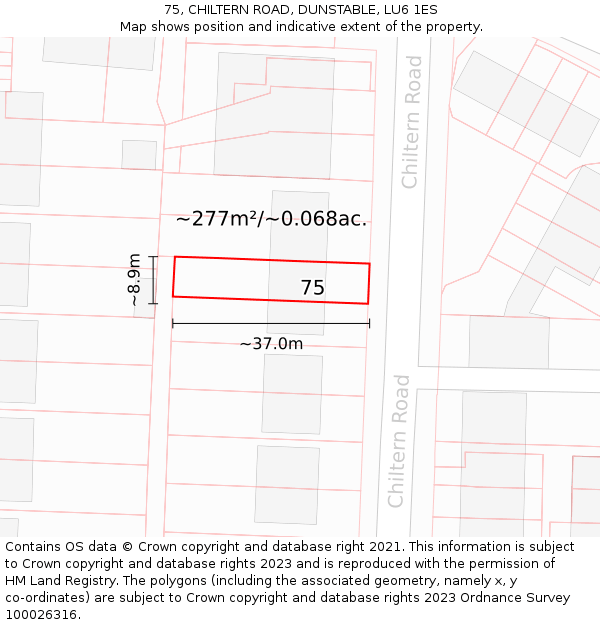 75, CHILTERN ROAD, DUNSTABLE, LU6 1ES: Plot and title map
