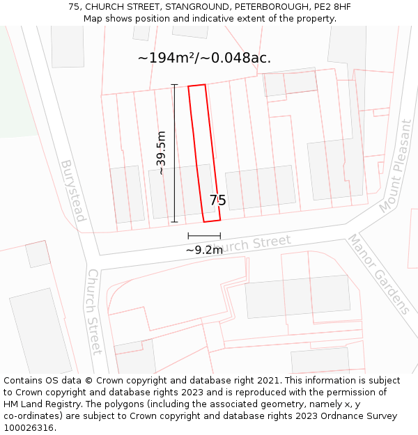 75, CHURCH STREET, STANGROUND, PETERBOROUGH, PE2 8HF: Plot and title map