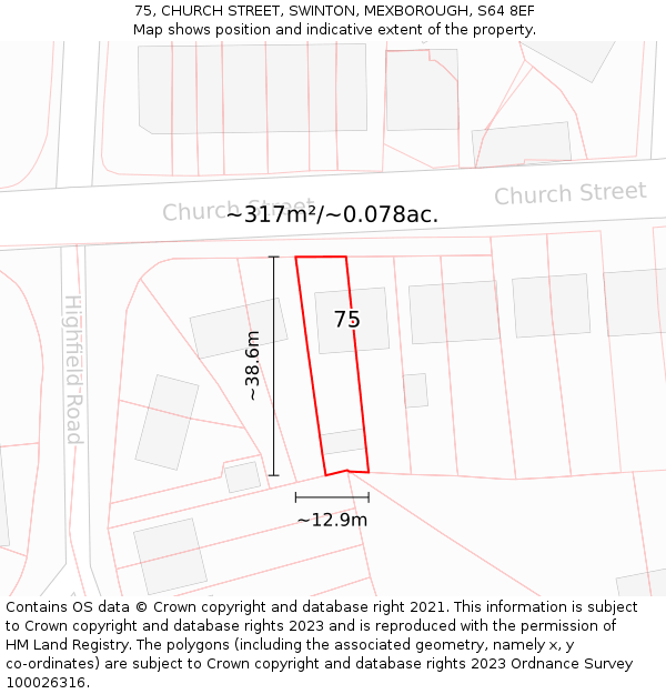 75, CHURCH STREET, SWINTON, MEXBOROUGH, S64 8EF: Plot and title map