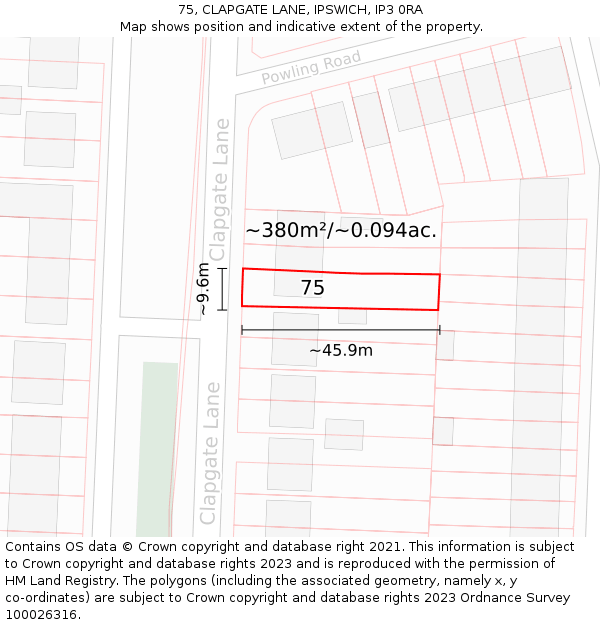 75, CLAPGATE LANE, IPSWICH, IP3 0RA: Plot and title map