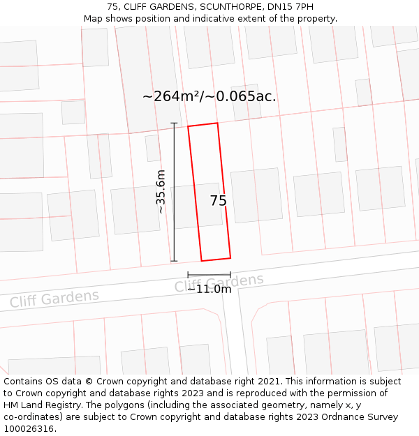 75, CLIFF GARDENS, SCUNTHORPE, DN15 7PH: Plot and title map