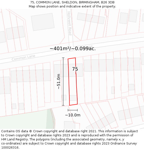 75, COMMON LANE, SHELDON, BIRMINGHAM, B26 3DB: Plot and title map