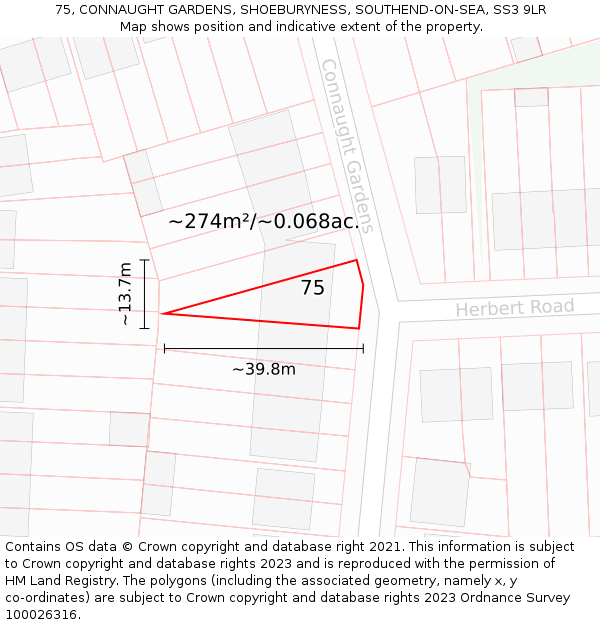 75, CONNAUGHT GARDENS, SHOEBURYNESS, SOUTHEND-ON-SEA, SS3 9LR: Plot and title map