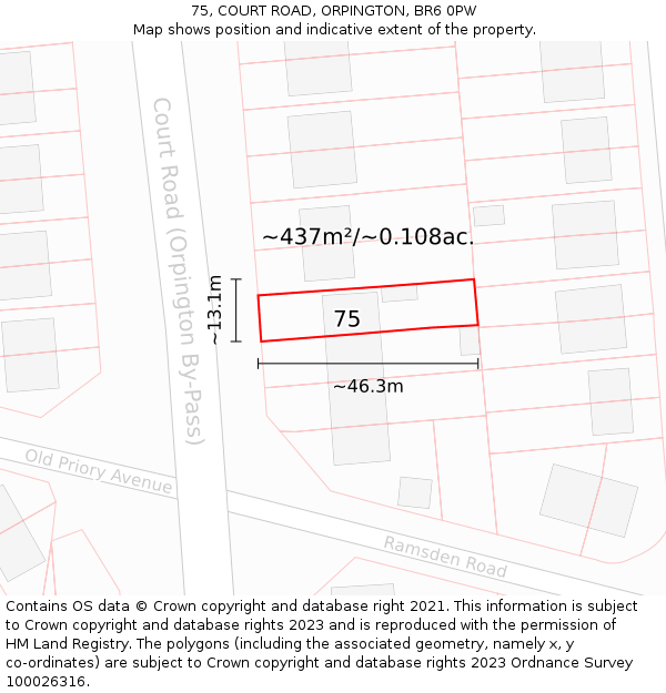 75, COURT ROAD, ORPINGTON, BR6 0PW: Plot and title map