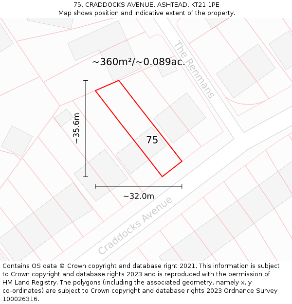 75, CRADDOCKS AVENUE, ASHTEAD, KT21 1PE: Plot and title map