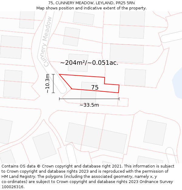 75, CUNNERY MEADOW, LEYLAND, PR25 5RN: Plot and title map