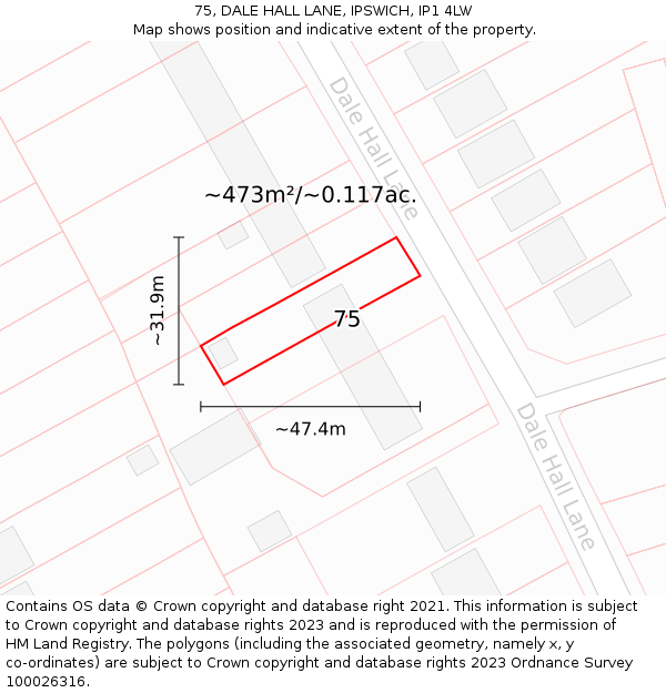 75, DALE HALL LANE, IPSWICH, IP1 4LW: Plot and title map