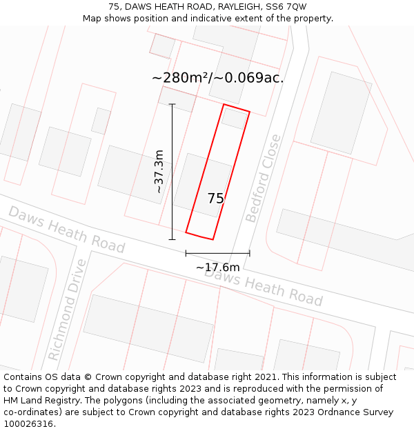 75, DAWS HEATH ROAD, RAYLEIGH, SS6 7QW: Plot and title map
