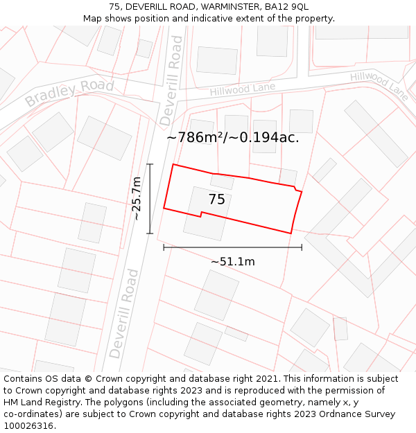 75, DEVERILL ROAD, WARMINSTER, BA12 9QL: Plot and title map