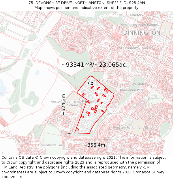 75, DEVONSHIRE DRIVE, NORTH ANSTON, SHEFFIELD, S25 4AN: Plot and title map