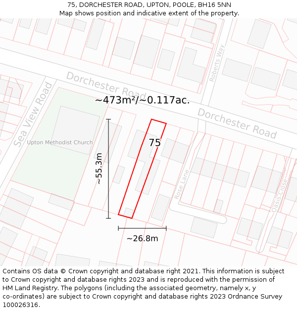 75, DORCHESTER ROAD, UPTON, POOLE, BH16 5NN: Plot and title map