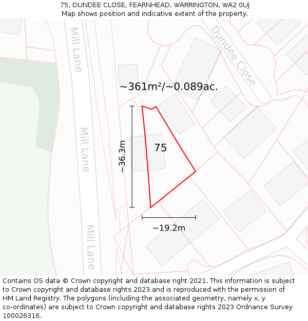 75, DUNDEE CLOSE, FEARNHEAD, WARRINGTON, WA2 0UJ: Plot and title map