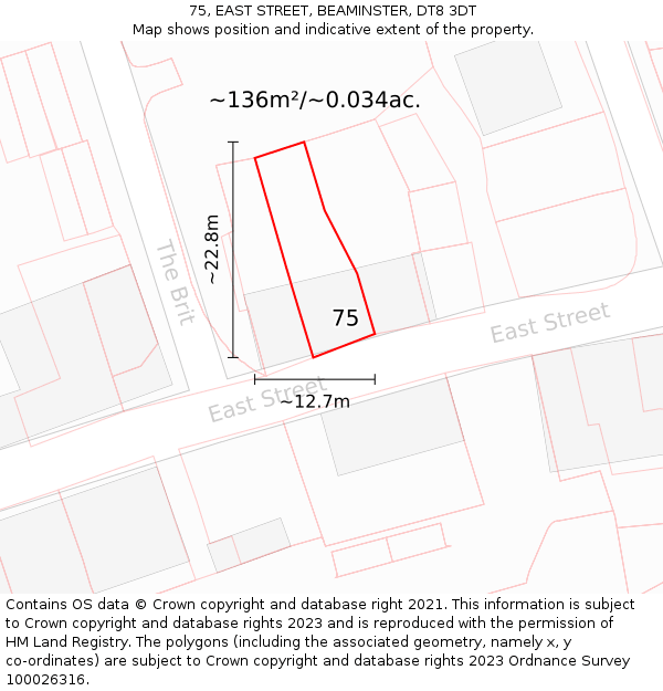 75, EAST STREET, BEAMINSTER, DT8 3DT: Plot and title map