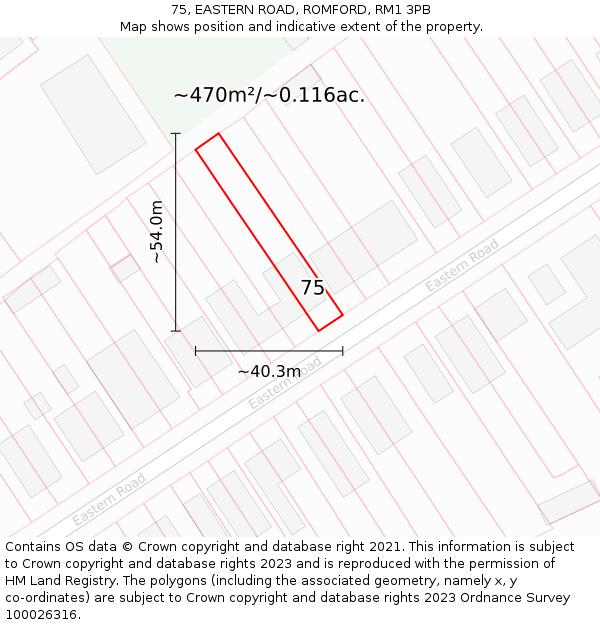75, EASTERN ROAD, ROMFORD, RM1 3PB: Plot and title map