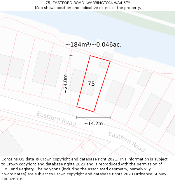 75, EASTFORD ROAD, WARRINGTON, WA4 6EY: Plot and title map