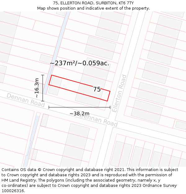 75, ELLERTON ROAD, SURBITON, KT6 7TY: Plot and title map