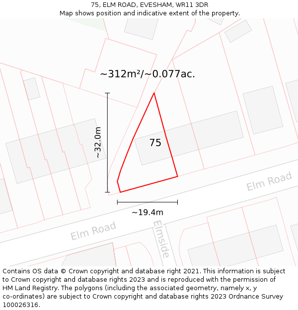 75, ELM ROAD, EVESHAM, WR11 3DR: Plot and title map