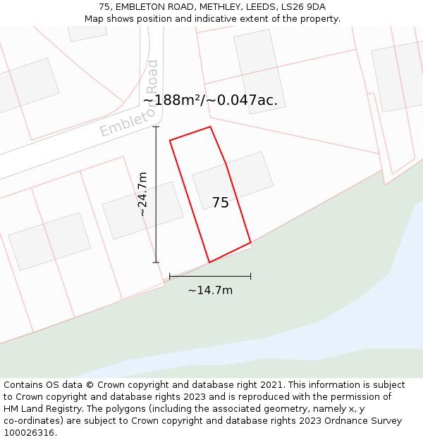 75, EMBLETON ROAD, METHLEY, LEEDS, LS26 9DA: Plot and title map