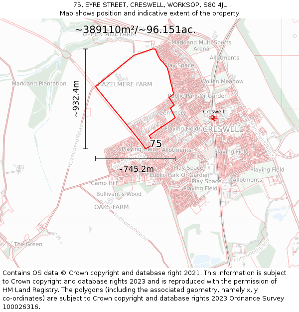 75, EYRE STREET, CRESWELL, WORKSOP, S80 4JL: Plot and title map