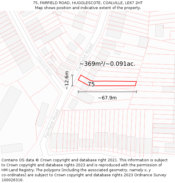 75, FAIRFIELD ROAD, HUGGLESCOTE, COALVILLE, LE67 2HT: Plot and title map