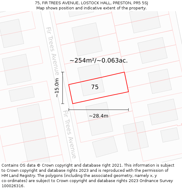 75, FIR TREES AVENUE, LOSTOCK HALL, PRESTON, PR5 5SJ: Plot and title map