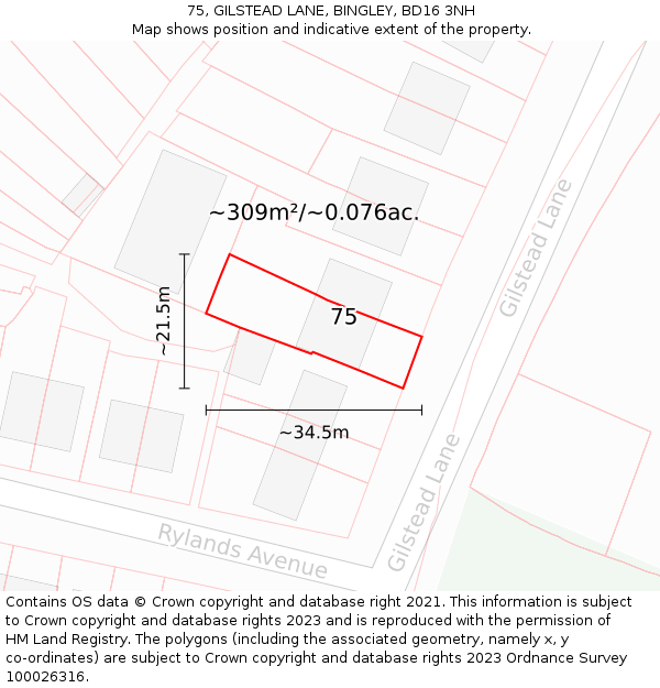 75, GILSTEAD LANE, BINGLEY, BD16 3NH: Plot and title map