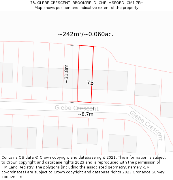 75, GLEBE CRESCENT, BROOMFIELD, CHELMSFORD, CM1 7BH: Plot and title map